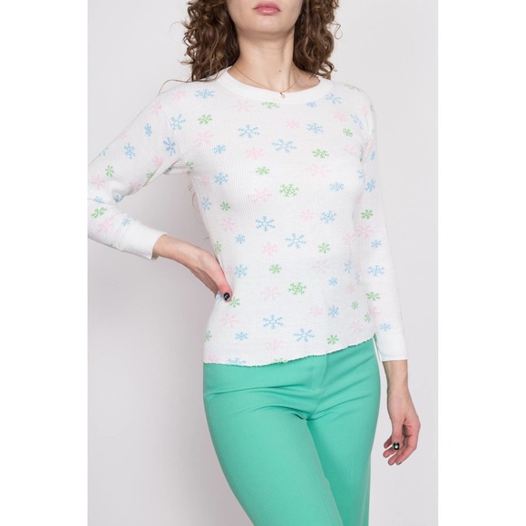 70s Snowflake Waffle Knit Shirt - Medium | Vintage Thermal Top - Picture 4 of 7